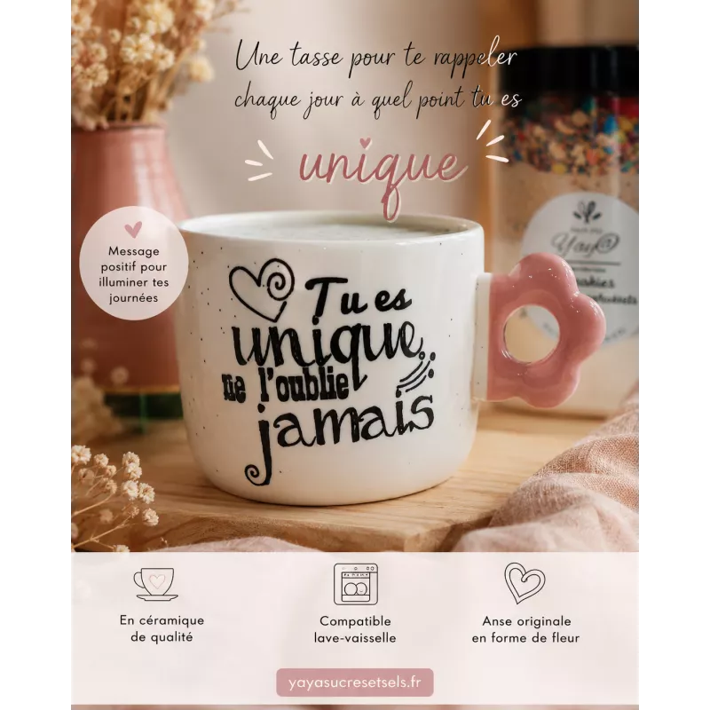 Tasse fleur rose – « Tu es unique, ne l’oublie jamais »