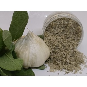 Gros sel gris naturel aromatisé à la sauge et à l'ail.
